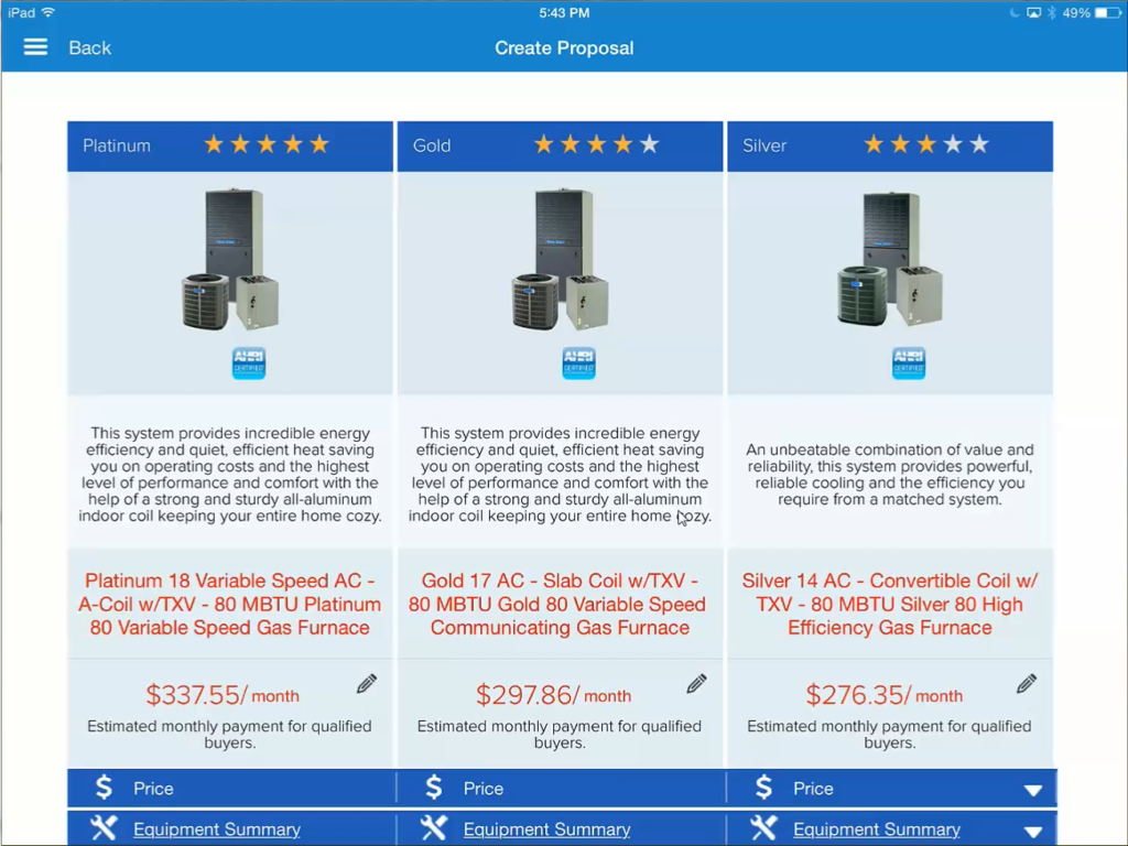 HVAC Equipment Proposals Ipad app