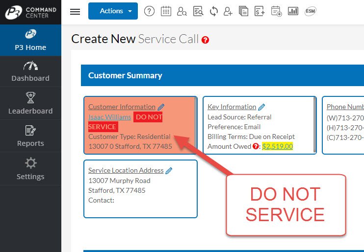How the Create New Service Call Page Indicates a Customer is Do Not Service