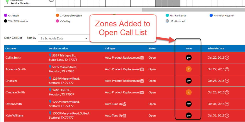 Open Call List with Zones
