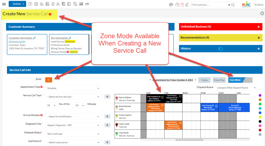 Create New Service Call with Zones
