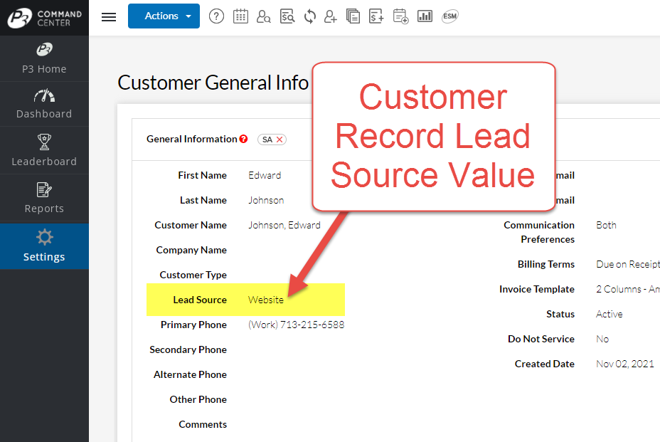 Customer Record Lead Source Value
