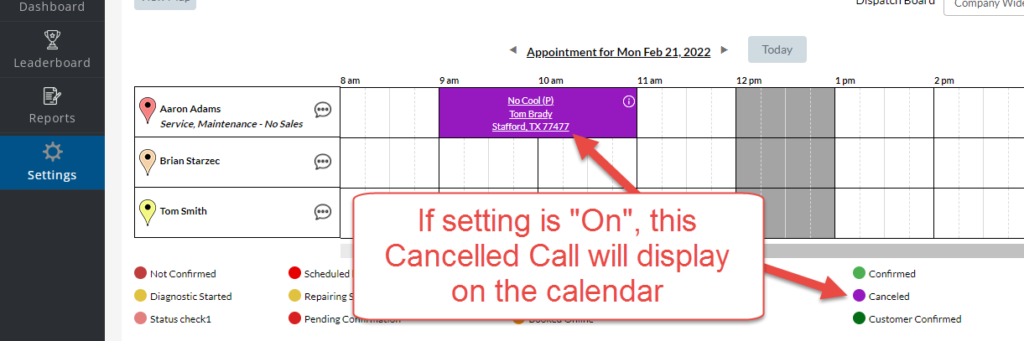 Cancelled Calls Display on Calendar