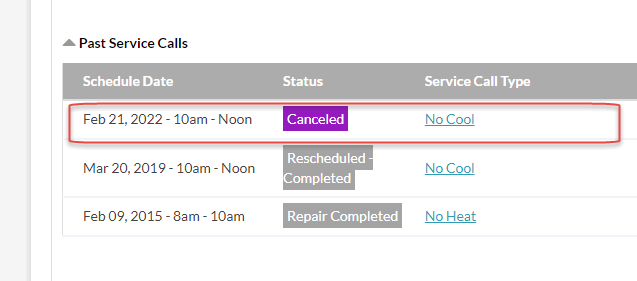Cancelled Calls in Past Service Calls Table