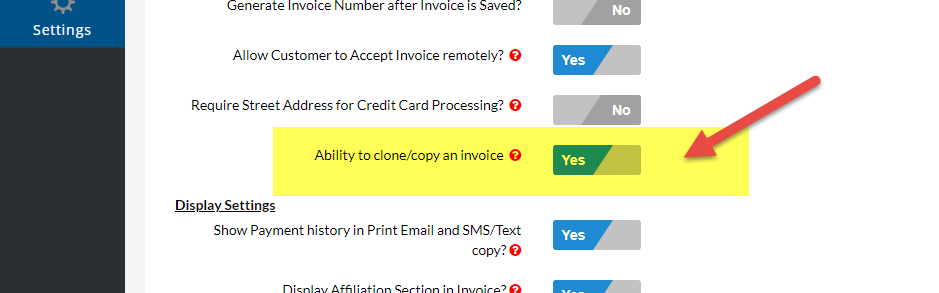 Copy Invoice Setting