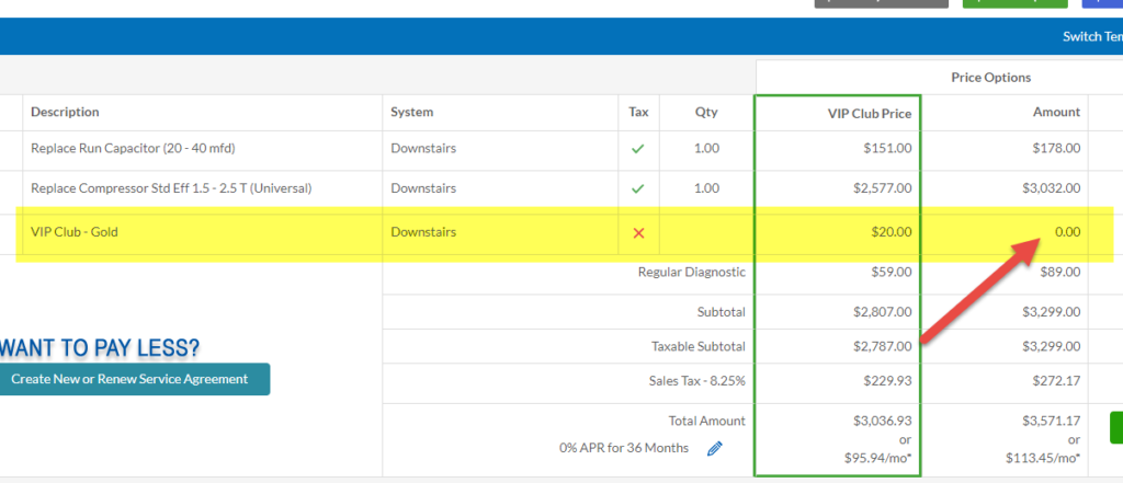 Service Agreement Cost Not in the Regular Amount Column