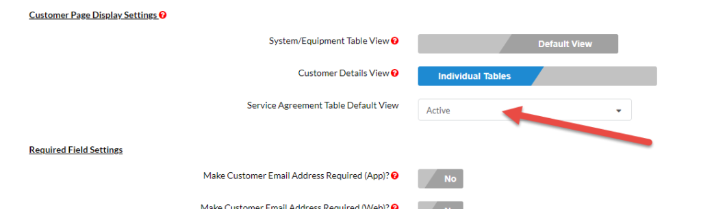 Service Agreement Table Default View
