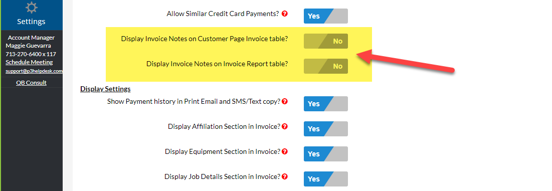 Display Invoice Notes Setting