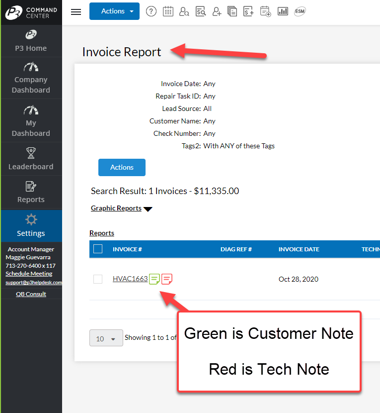 Invoice Report view Notes