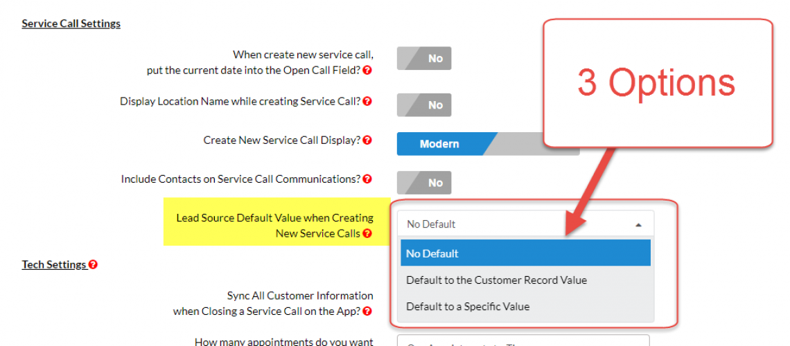 Service Call Settings - Lead Source Default Value